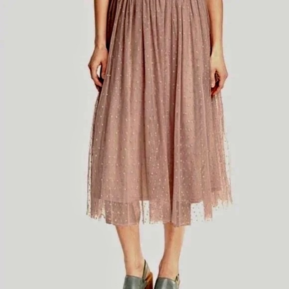 GARNET HILL Prima Tulle Midi Skirt Dotted Mesh Mauve Blush Elastic Waist X-Small - Picture 8 of 16